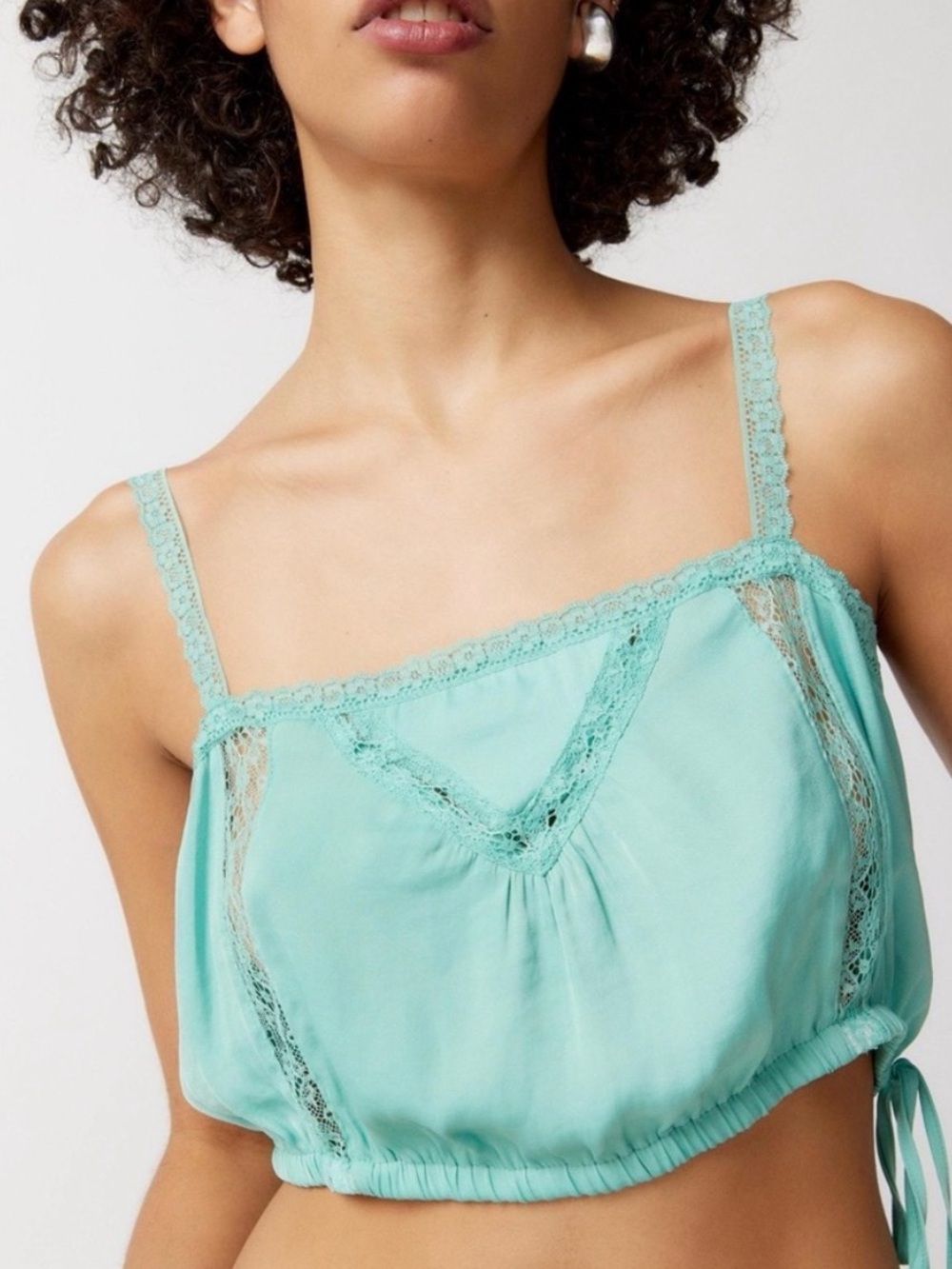 Urban Outfitters Tuli Satin Aqua Lace-Trim Camisole Crop Top NWOT
